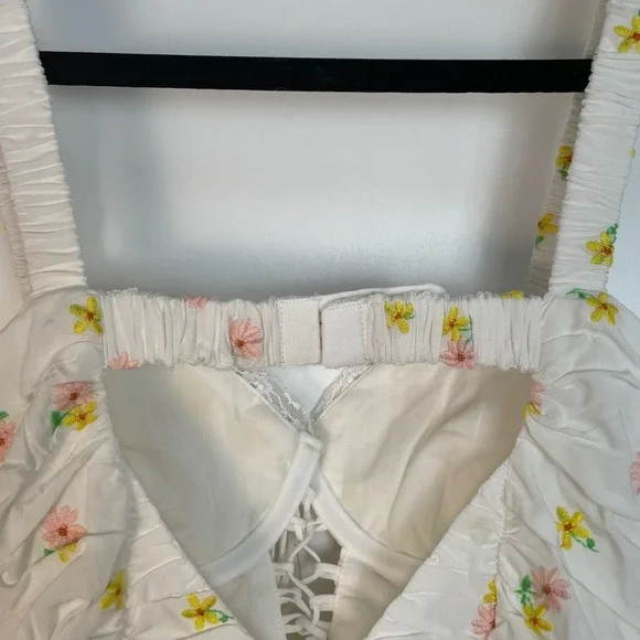 For Love & Lemons Celia Floral Embroidered Shirred Lace-Up Mini Dress XS - Picture 11 of 14